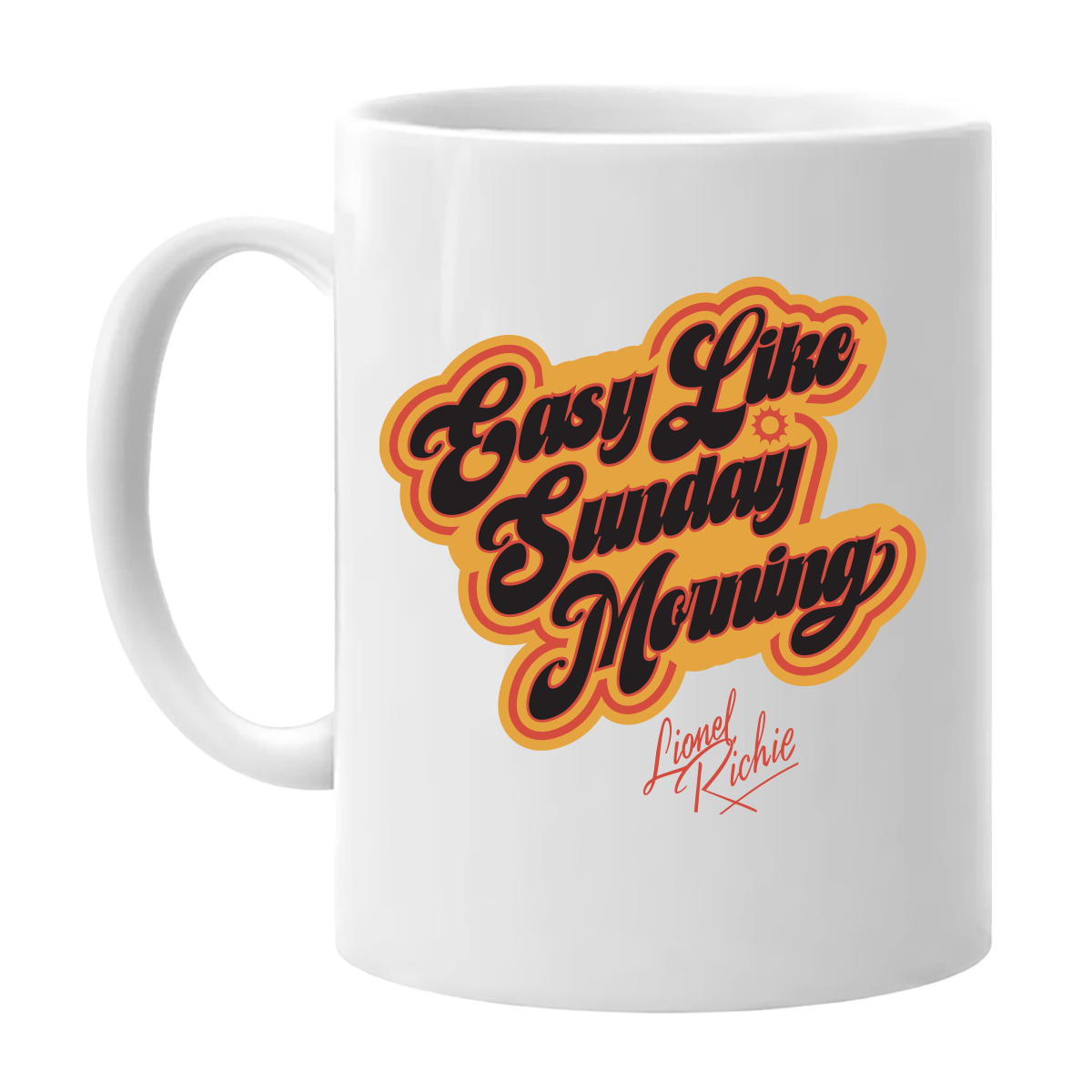 White mug with 'Easy Like Sunday Morning' text design in orange on a white background