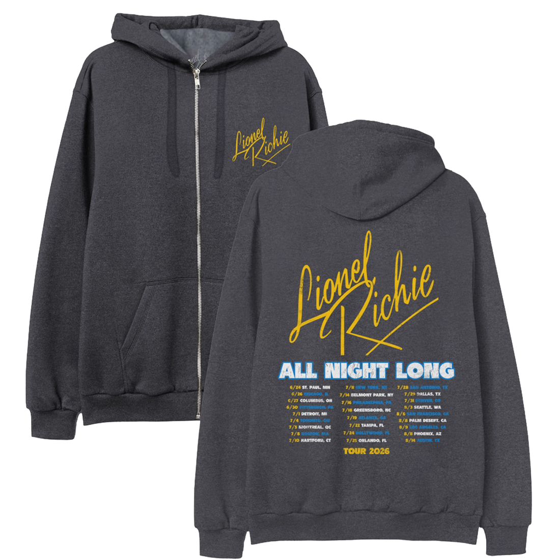 Classic fitting unisex zip up hoodie in charcoal featuring Lionel Richie logo on the front chest and 2026 tour dates on back