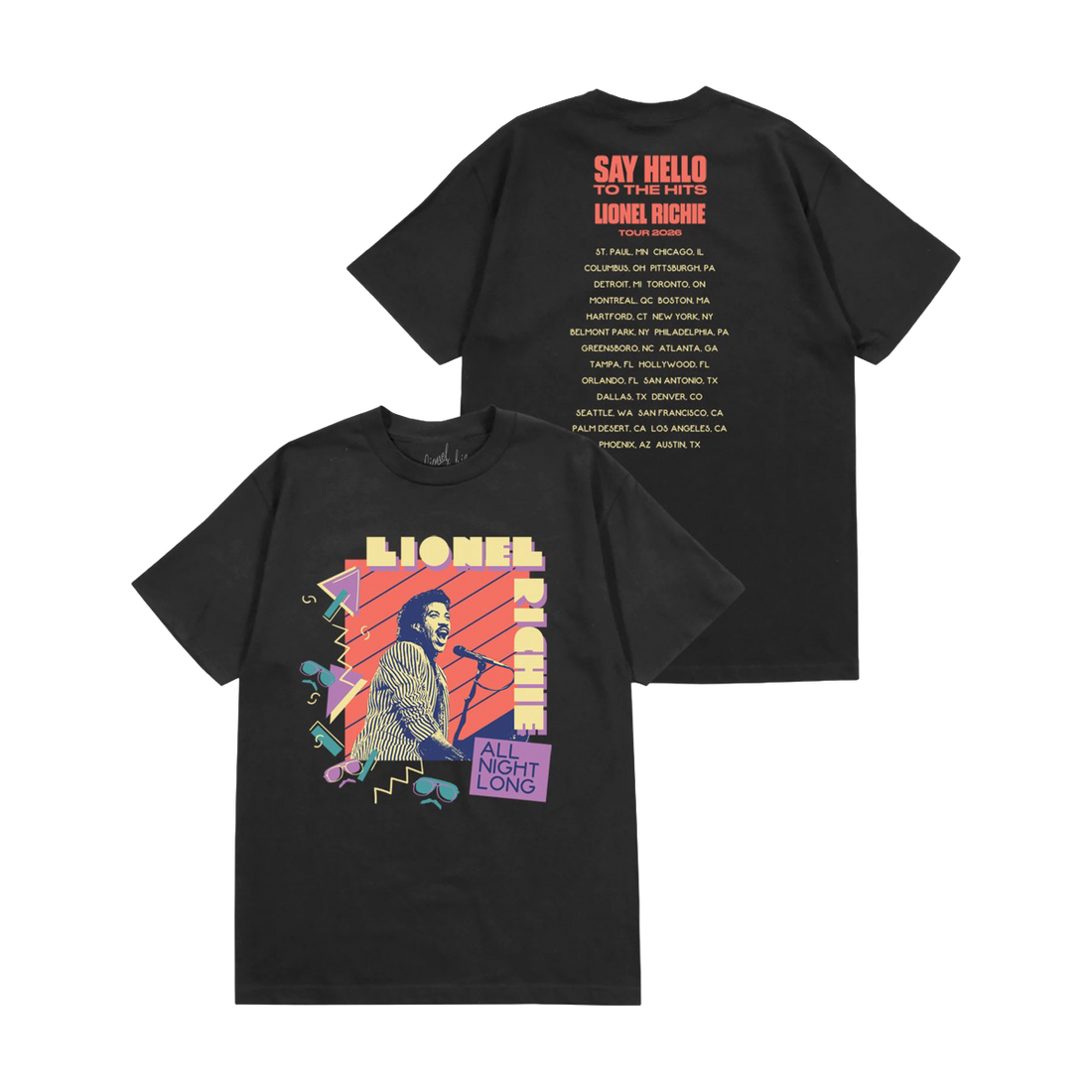 Classic fitting unisex t-shirt in black featuring a Lionel Richie portrait on the front and 2026 tour dates on the back