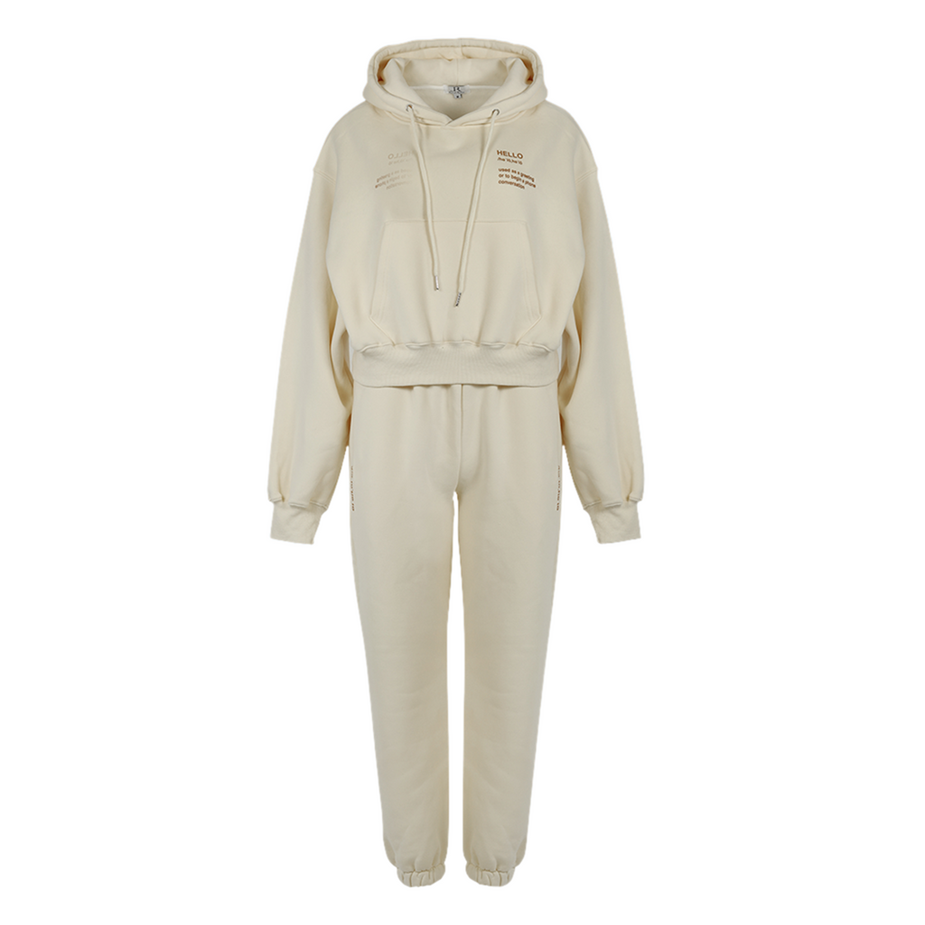 Hello Cropped Hoodie Set - Cream
