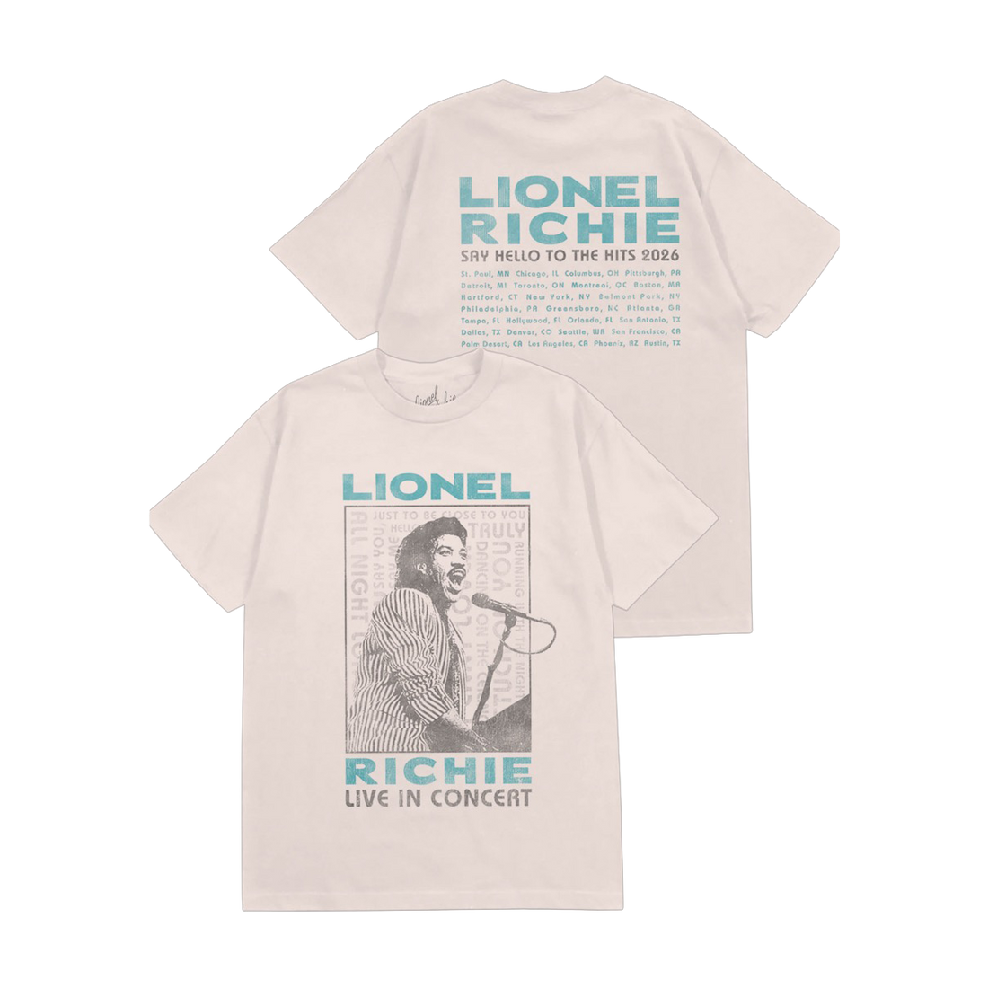 Classic fitting unisex t-shirt in ivory featuring a "Lionel Richie live in concert" portrait design on the front and tour dates on the back in teal font