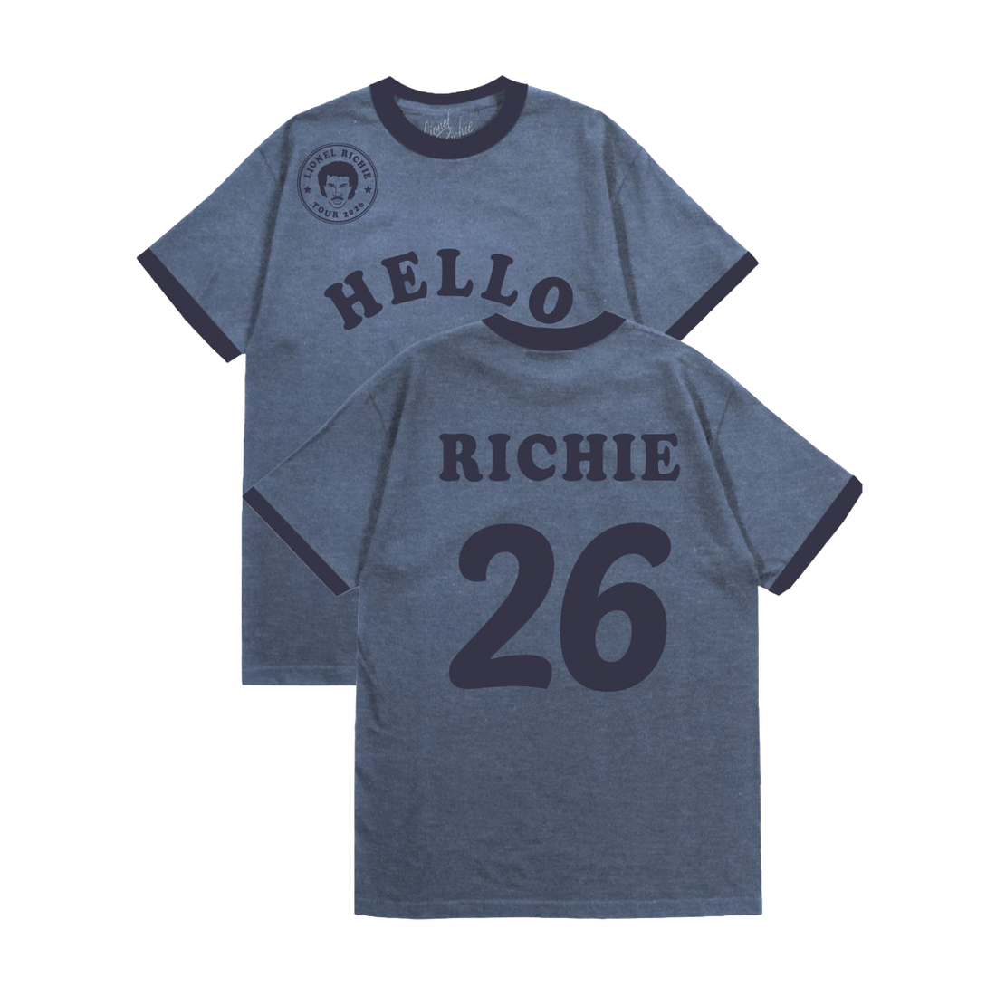 Classic fitting unisex ringer t-shirt in blue, featuring a Lionel Richie stamp logo and "Hello" across the front, and "Richie" with the number '26 on the back