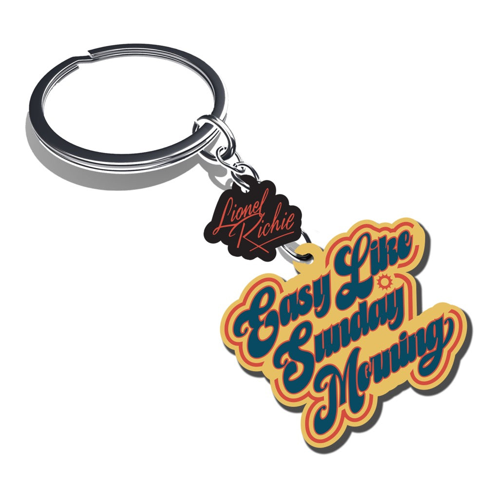 Keychain with 'Easy Like Sunday Morning' text and Lionel Richie tag 