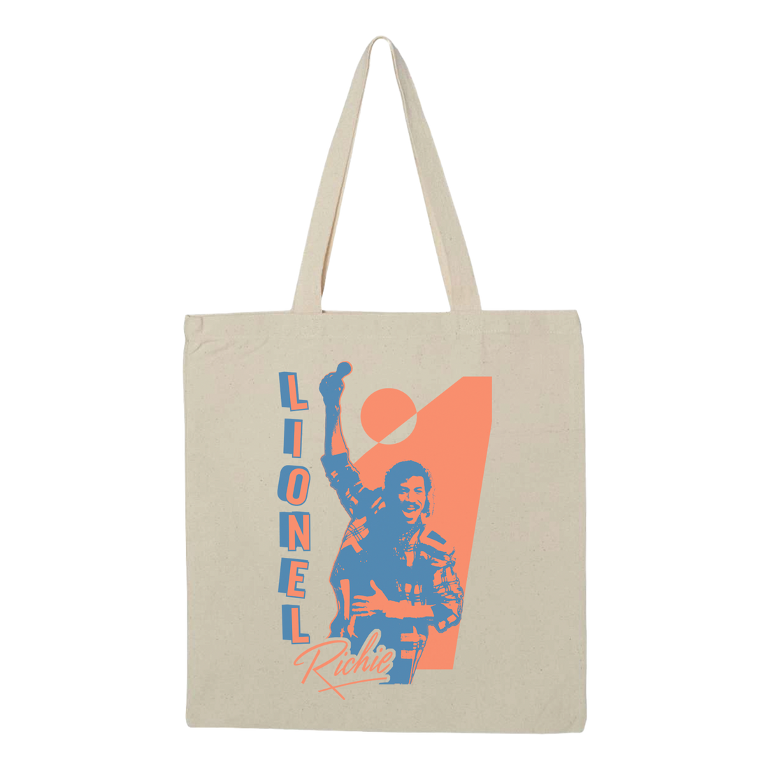 Beige tote bag with a graphic and logo of 'Lionel Richie' in orange and blue