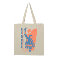 Beige tote bag with a graphic and logo of 'Lionel Richie' in orange and blue