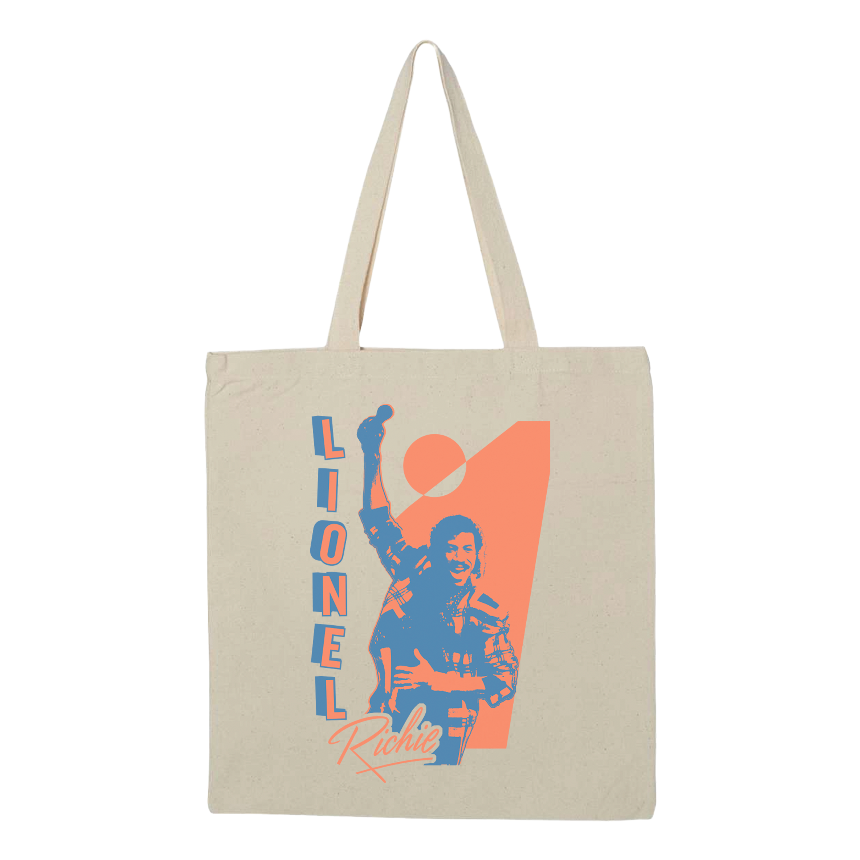 Beige tote bag with a graphic and logo of 'Lionel Richie' in orange and blue