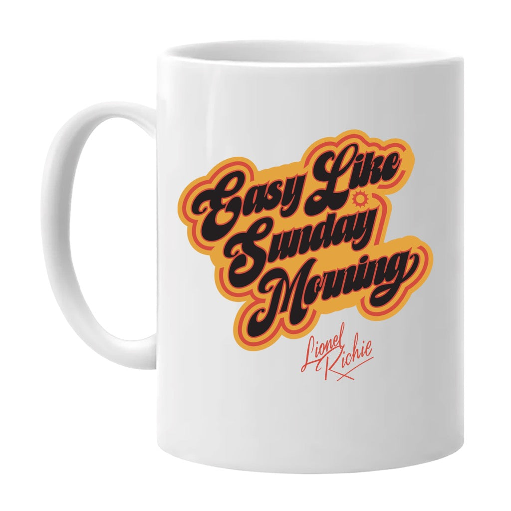 White mug with 'Easy Like Sunday Morning' text design in orange on a white background