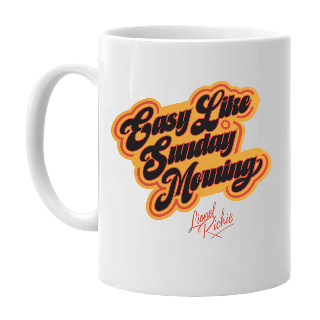 White mug with 'Easy Like Sunday Morning' text design in orange on a white background