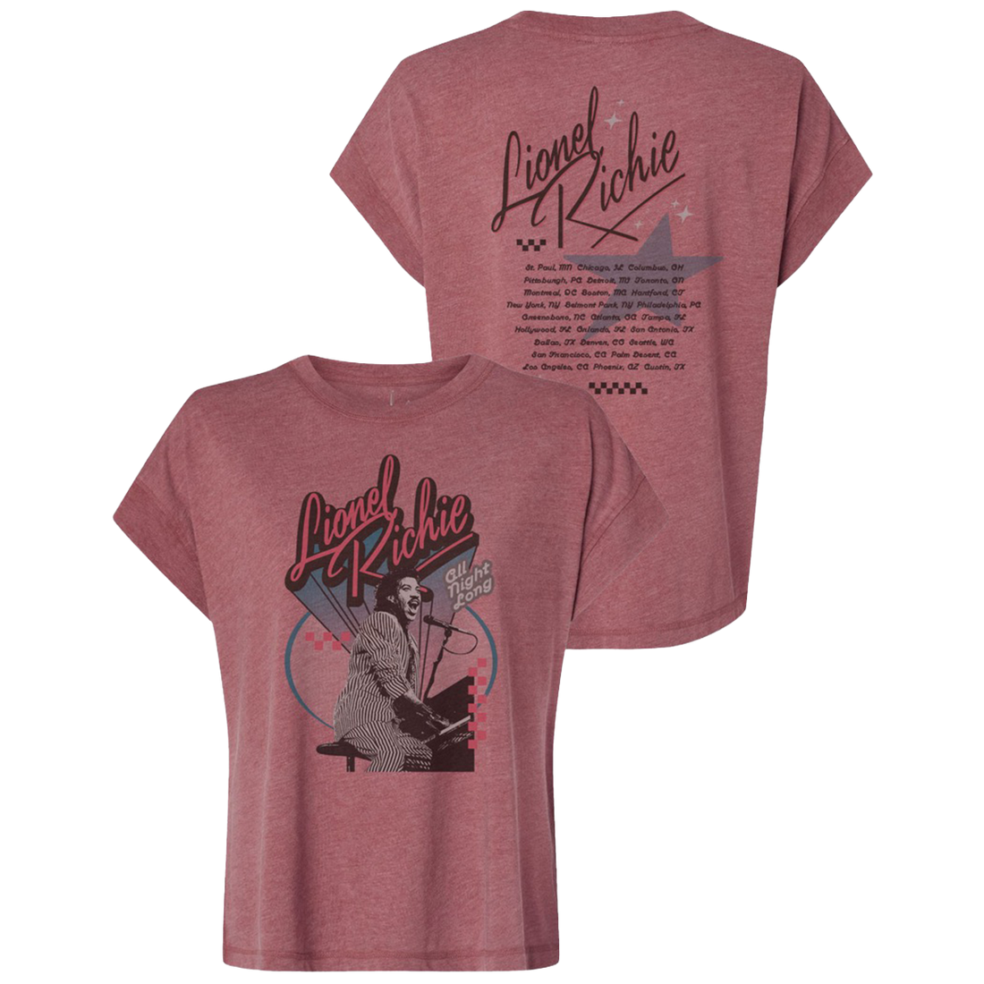 Ladies tour tee in washed red featuring a Lionel Richie portrait design on front and tour dates on back