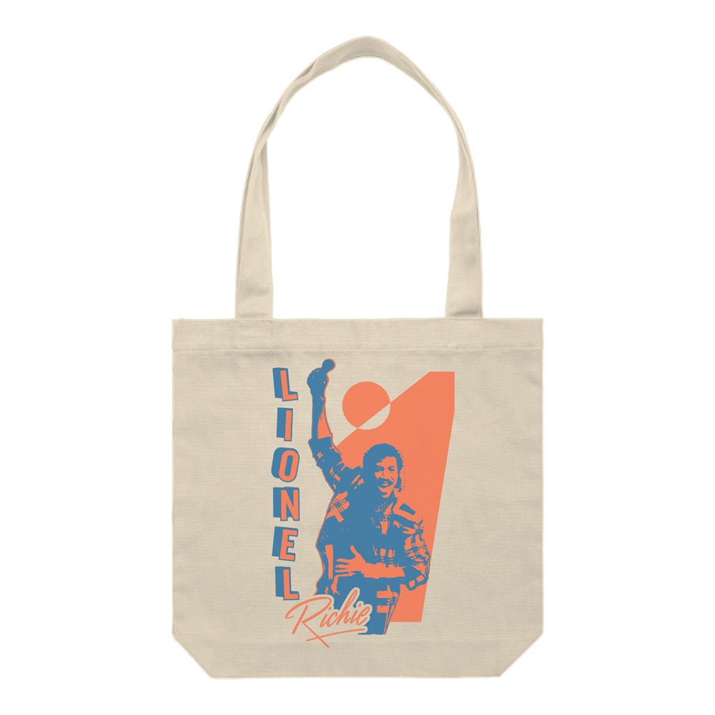 Beige tote bag with a graphic and logo of 'Lionel Richie' in orange and blue